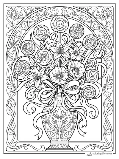 Intricate art nouveau candy bouquet with lollipops, flowers, ribboned vase, and swirling floral border