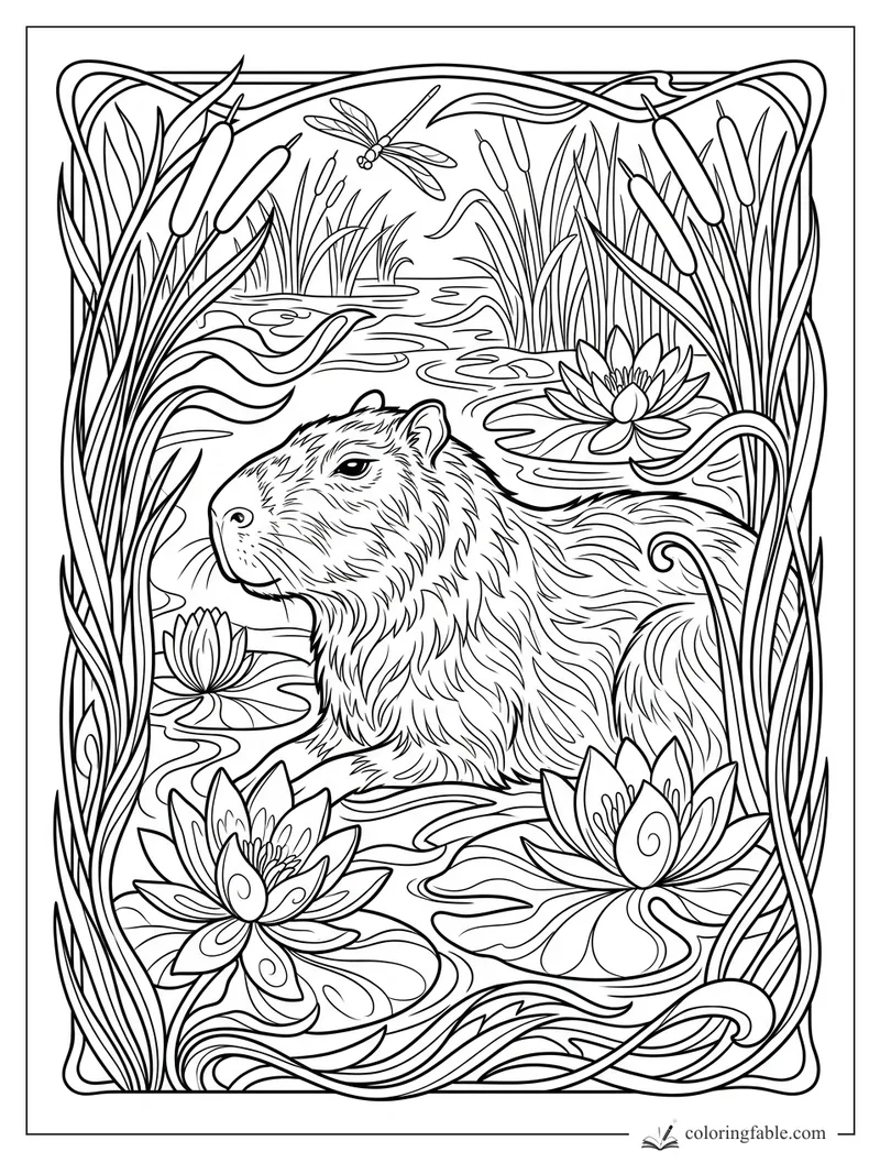 Intricate art nouveau capybara in a lily pond with cattails, dragonfly, reeds, and water lilies