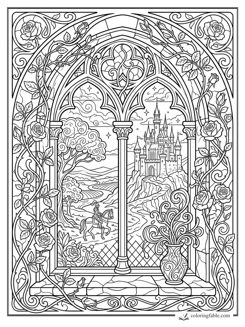 Art nouveau castle window with roses, columns, distant knight on horseback, and hilltop castle