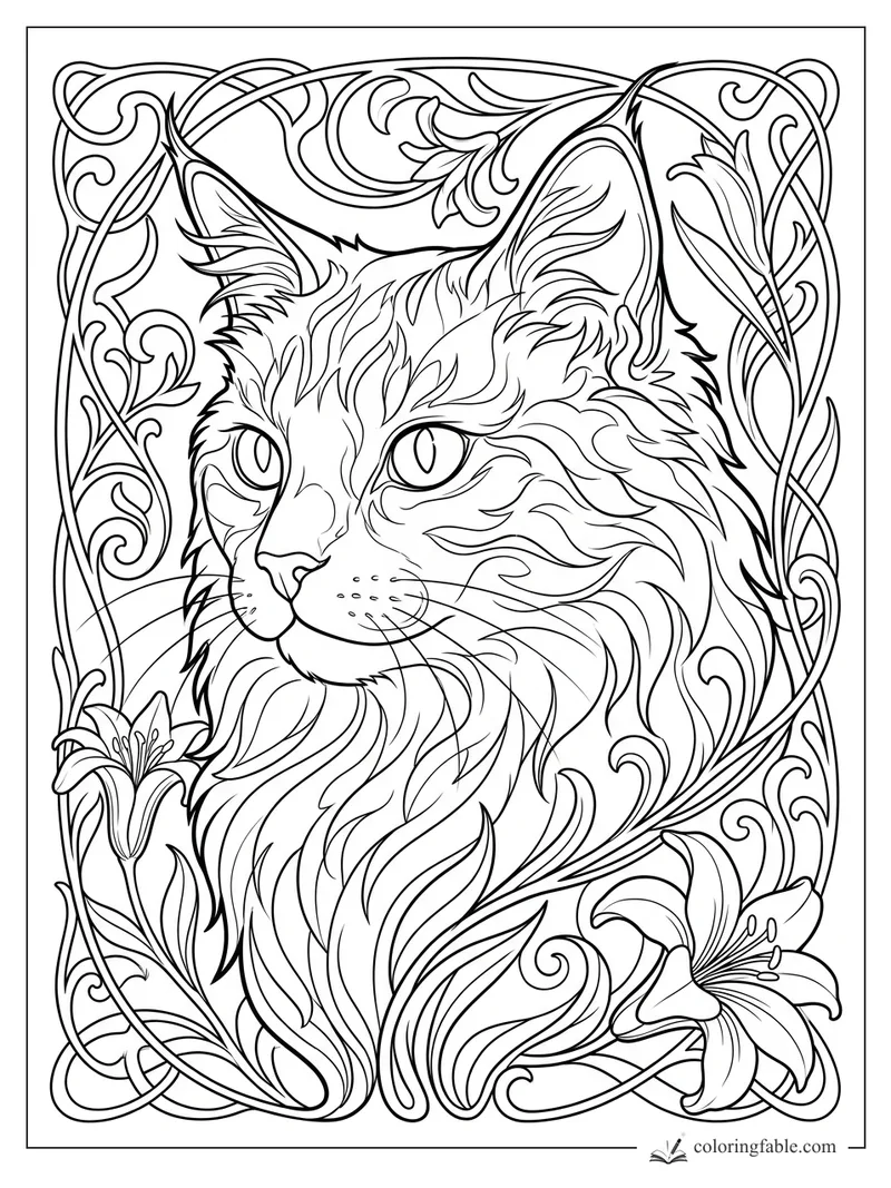 Intricate art nouveau cat portrait with lilies, curling vines, long whiskers, and patterned fur.
