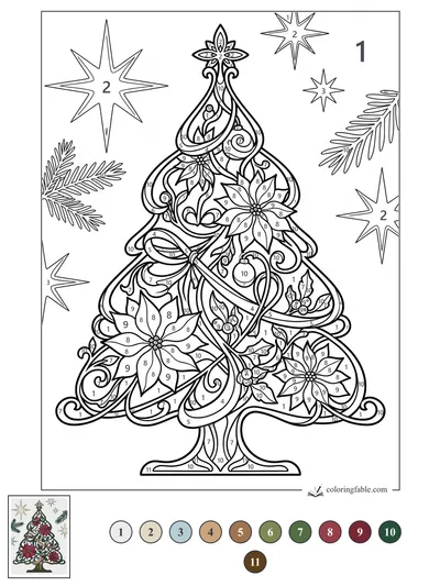 Art Nouveau Christmas Tree with Poinsettias and Stars — color by number