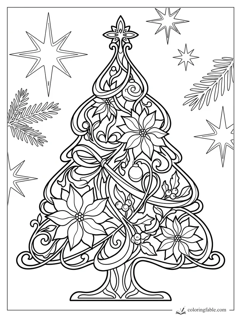 Intricate Art Nouveau Christmas tree with poinsettias, holly berries, fir branches, and starbursts