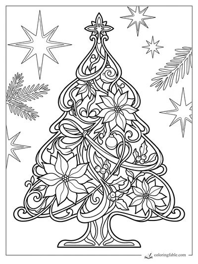 Intricate Art Nouveau Christmas tree with poinsettias, holly berries, fir branches, and starbursts
