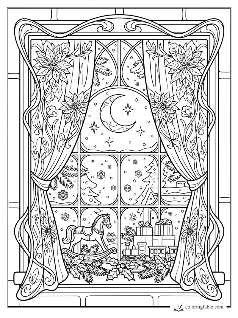 Art Nouveau Christmas window with poinsettia curtains, crescent moon, snow, rocking horse, toy train, and gifts
