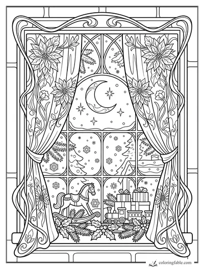 Art Nouveau Christmas window with poinsettia curtains, crescent moon, snow, rocking horse, toy train, and gifts