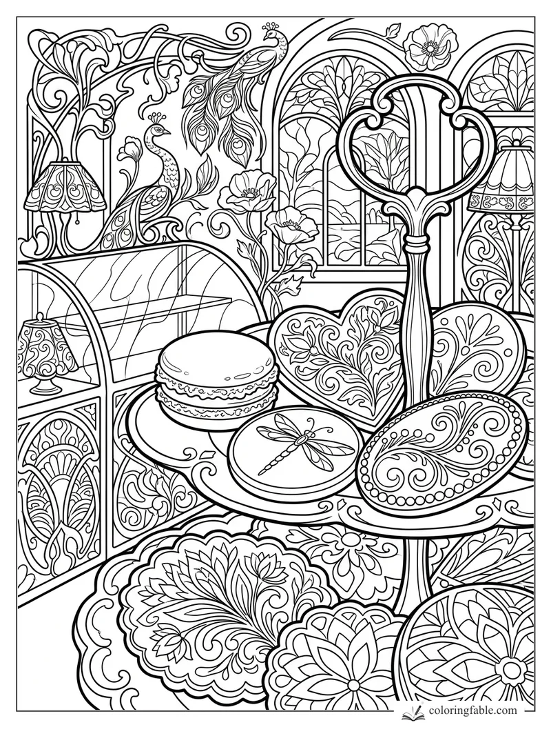 Intricate art nouveau coloring page with a cookie on a tea table, peacocks, lamps, arched windows, and floral chairs.