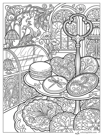 Intricate art nouveau coloring page with a cookie on a tea table, peacocks, lamps, arched windows, and floral chairs.