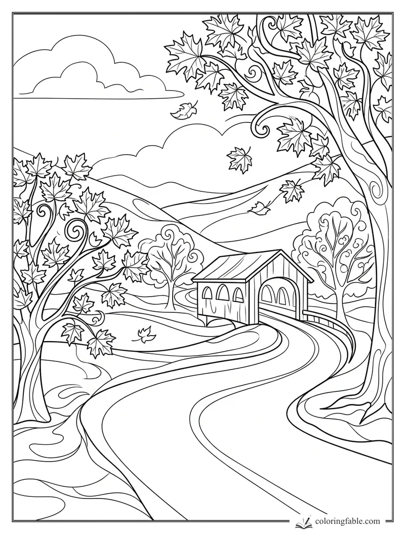 Art nouveau landscape with a winding road, covered bridge, maple leaves, rolling hills, and swirling trees