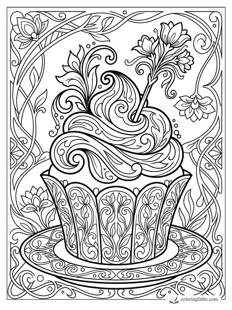 Intricate Art Nouveau cupcake with swirled frosting, flower stem topper, patterned wrapper, and ornate vine border.
