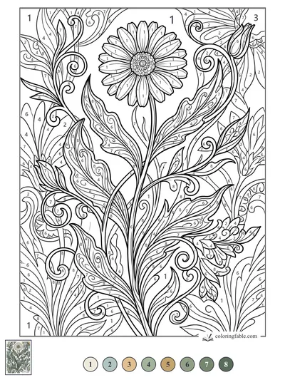 Art Nouveau Daisy with Curling Vines — color by number