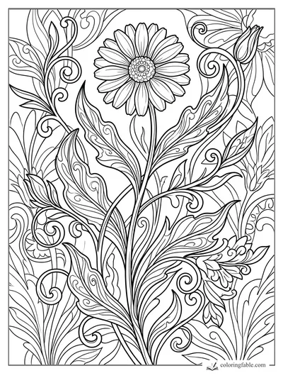 Intricate art nouveau daisy with layered petals, curling vines, buds, and patterned leaves