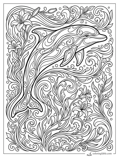 Intricate art nouveau dolphin with swirling waves, lilies, leaves, and bubbles to color
