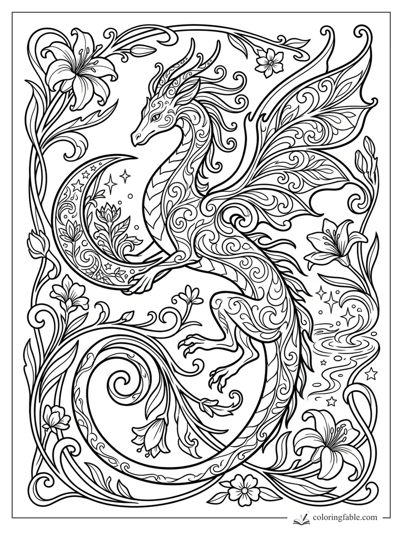 Intricate art nouveau dragon curling around a crescent moon, lilies, vines, stars, and swirling water