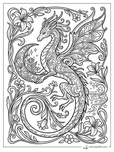 Intricate art nouveau dragon curling around a crescent moon, lilies, vines, stars, and swirling water