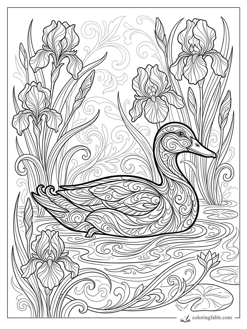 Intricate art nouveau duck swimming among tall irises, lily pads, reeds, and curling water patterns.