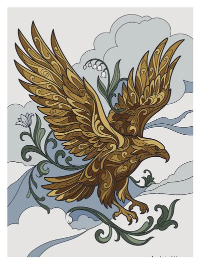 Art Nouveau Eagle Above Floral Clouds finished solution