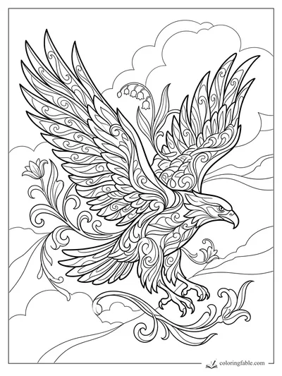 Intricate art nouveau eagle flying through clouds with swirling feathers, vines, and bell-shaped flowers