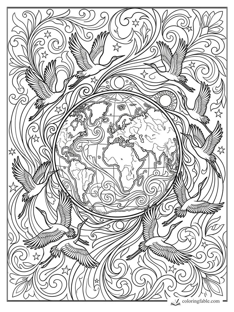 Intricate art nouveau Earth coloring page with cranes, stars, curling vines, sun, moon, and world map details.