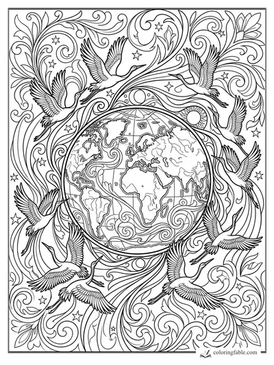 Intricate art nouveau Earth coloring page with cranes, stars, curling vines, sun, moon, and world map details.