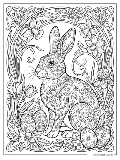 Intricate art nouveau rabbit with floral patterns, daffodils, eggs, and swirling spring border