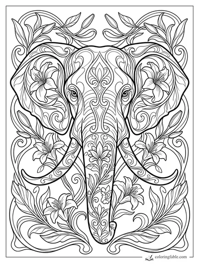 Intricate art nouveau elephant head with lilies, leafy vines, tusks, and ornate scrollwork