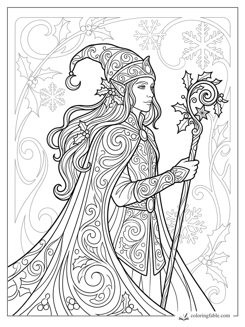 Art Nouveau elf in a curled hat holding a holly staff, with snowflakes, berries, and swirling winter borders.