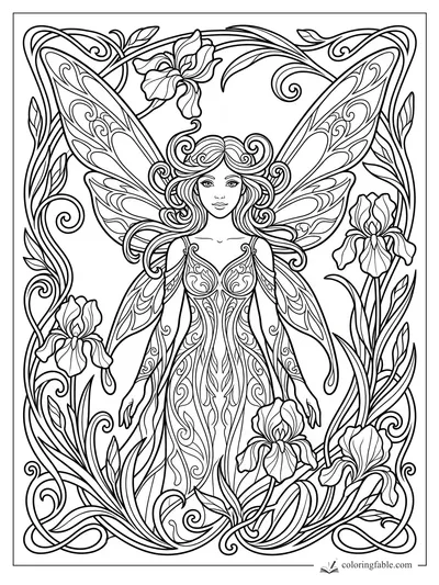 Intricate Art Nouveau fairy with patterned wings, flowing hair, irises, leaves, and curling vine border.