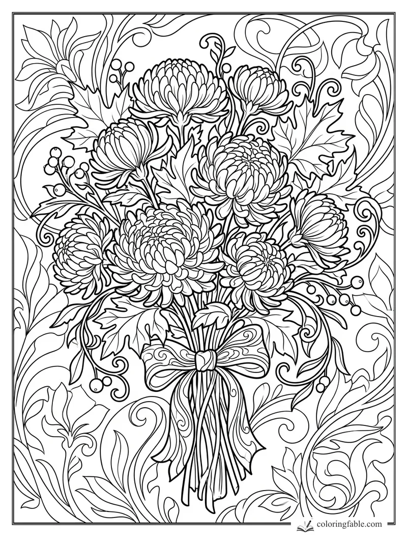 Intricate fall chrysanthemum bouquet with maple leaves, berries, curling vines, and a ribbon bow