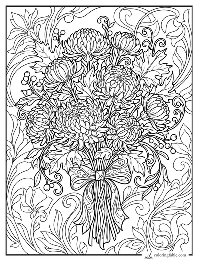 Intricate fall chrysanthemum bouquet with maple leaves, berries, curling vines, and a ribbon bow
