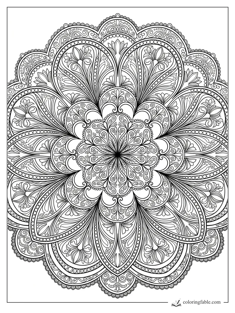 Intricate Art Nouveau mandala with layered flower petals, curling vines, beaded borders, and iris-like blossoms.