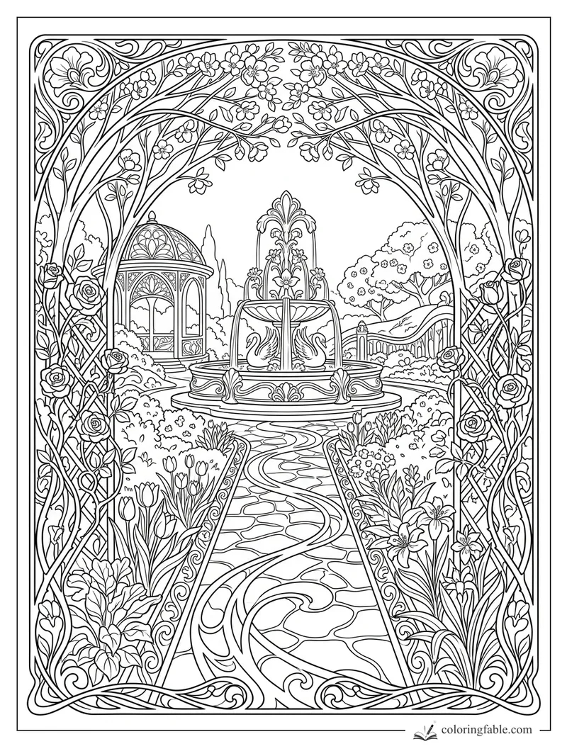 Intricate art nouveau garden with swan fountain, gazebo, arched vines, roses, tulips, and winding stone path