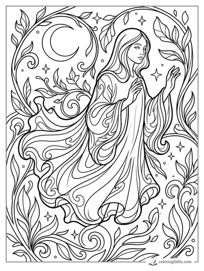 Art nouveau ghost woman with flowing robes, crescent moon, stars, curling vines, and leafy borders