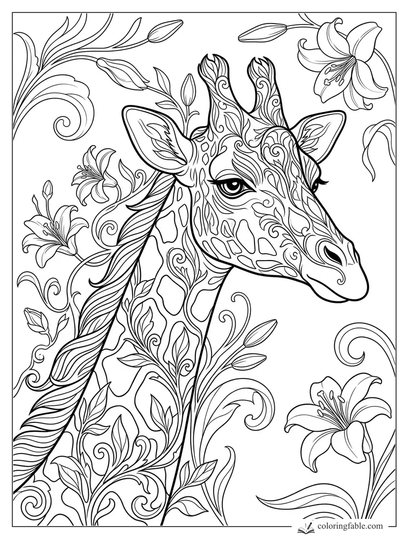 Intricate art nouveau giraffe with swirling vines, lilies, patterned spots, and long-lashed eyes.