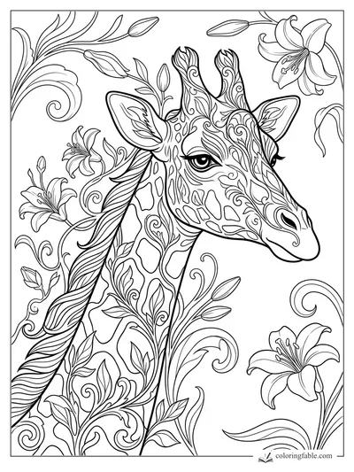 Intricate art nouveau giraffe with swirling vines, lilies, patterned spots, and long-lashed eyes.