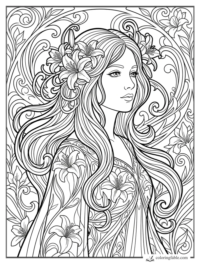 Art Nouveau girl with flowing hair, lilies, and curling floral vines in an intricate coloring page