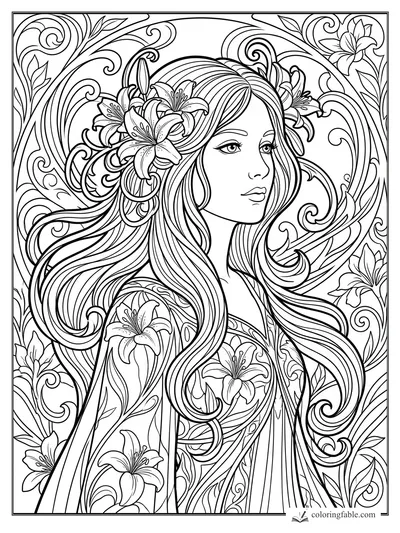 Art Nouveau girl with flowing hair, lilies, and curling floral vines in an intricate coloring page