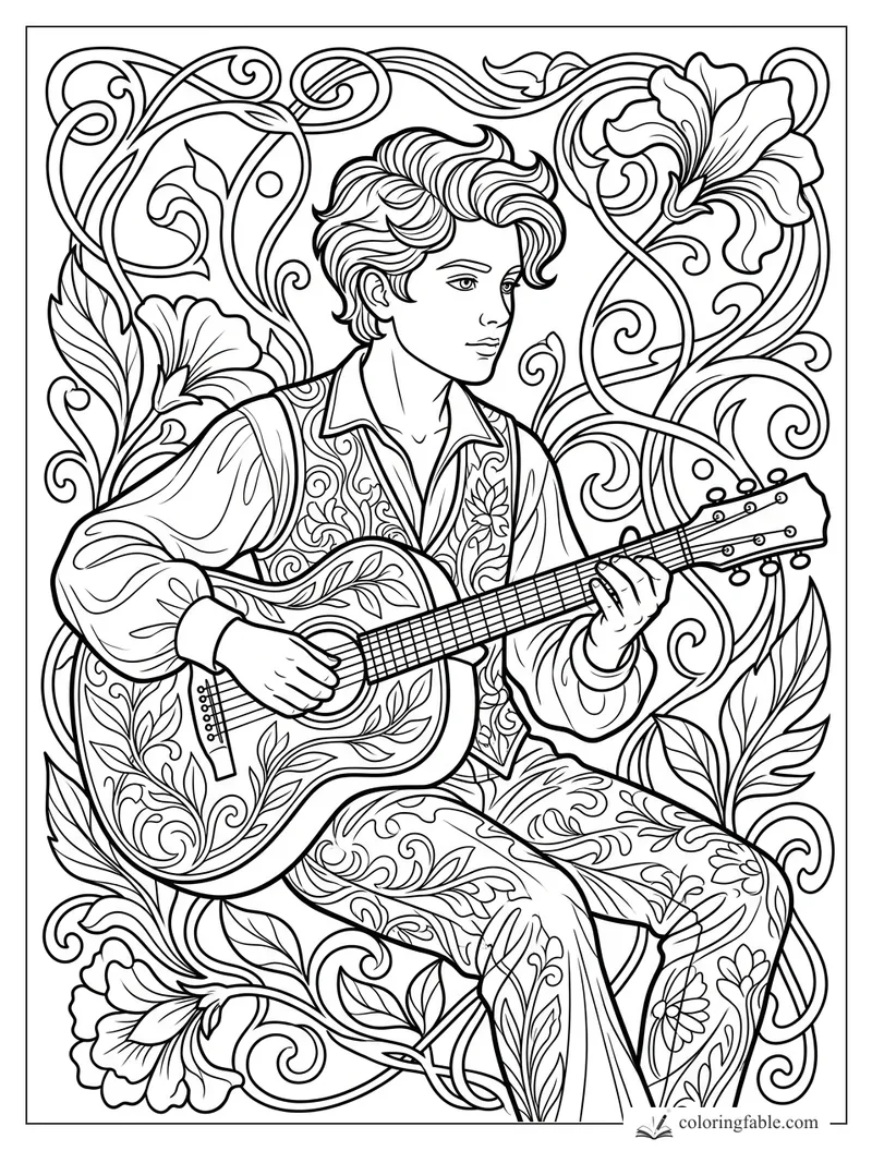 Intricate art nouveau boy playing guitar amid curling vines, large flowers, and patterned clothing