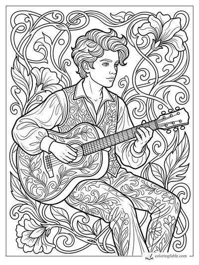 Intricate art nouveau boy playing guitar amid curling vines, large flowers, and patterned clothing