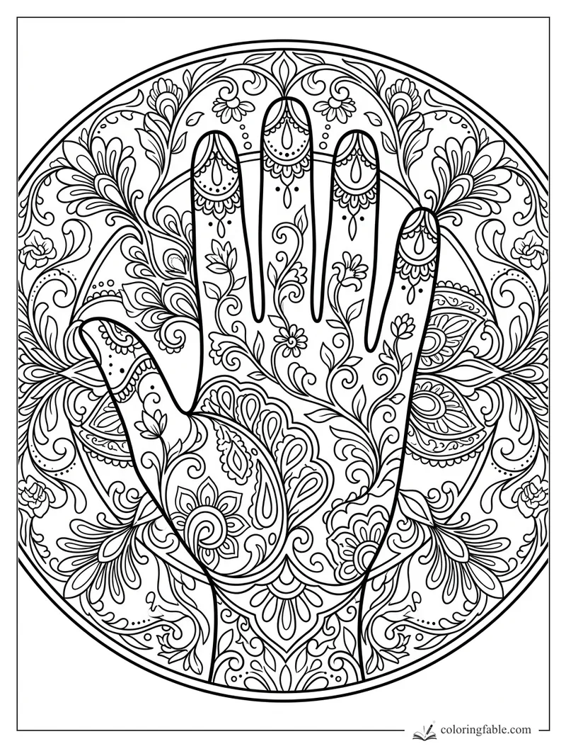 Intricate Art Nouveau hand mandala with henna-style florals, paisleys, scalloped nails, and circular border.