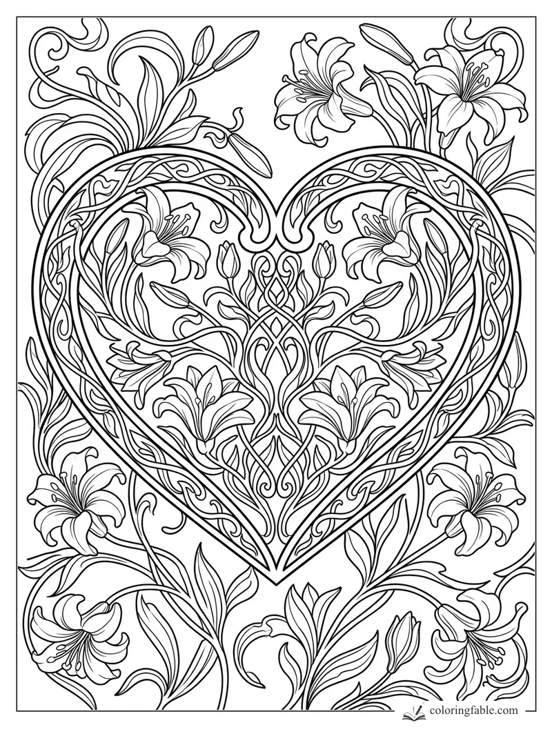 Intricate art nouveau heart coloring page with lilies, buds, leaves, and curling vine patterns.