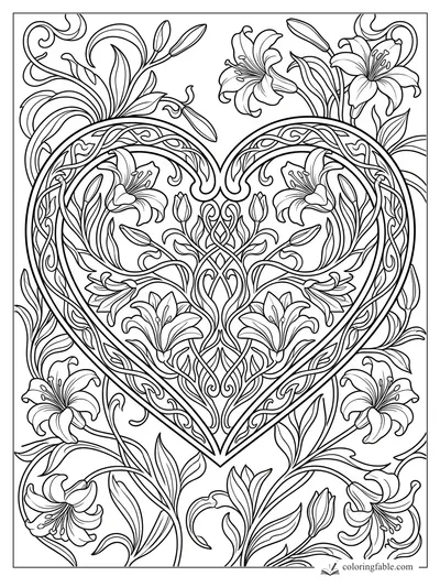 Intricate art nouveau heart coloring page with lilies, buds, leaves, and curling vine patterns.