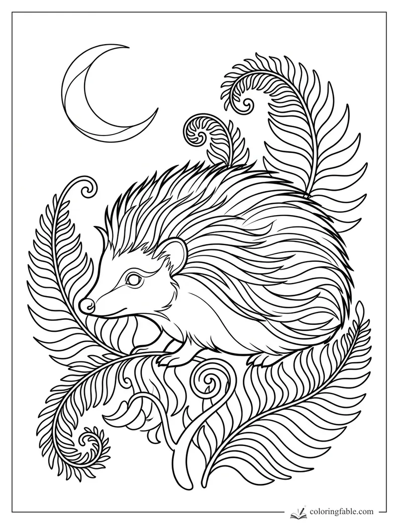 Art nouveau hedgehog walking through curling fern fronds beneath a crescent moon