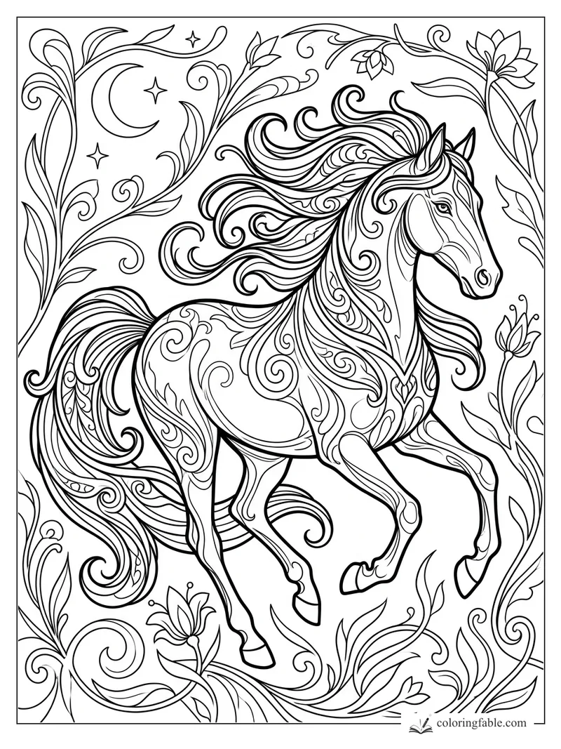 Intricate art nouveau horse with flowing mane, curled vines, flowers, crescent moon, and stars