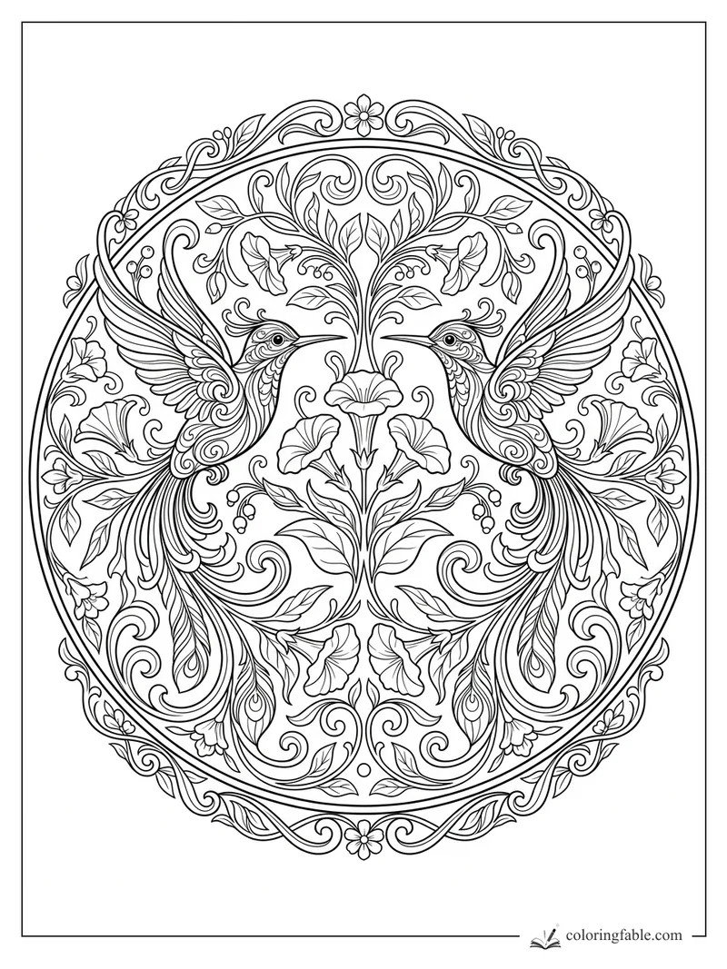 Intricate art nouveau mandala with two hummingbirds, trumpet flowers, curling vines, leaves, and floral border.