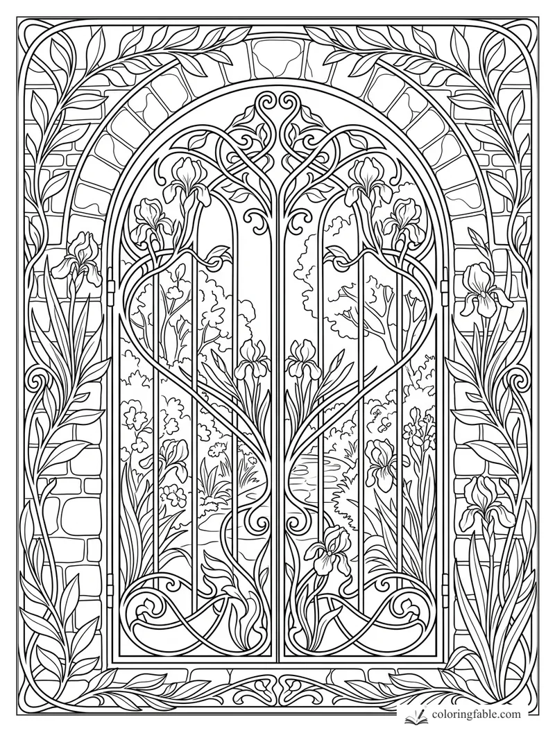 Intricate art nouveau garden gate with irises, curling vines, brick arch, and leafy border
