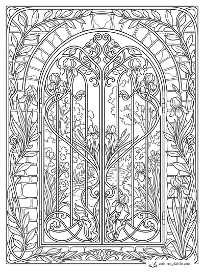 Intricate art nouveau garden gate with irises, curling vines, brick arch, and leafy border