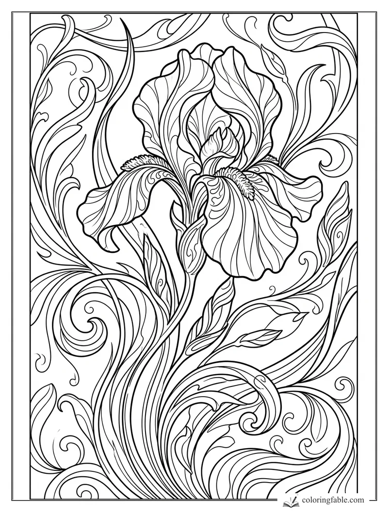 Intricate art nouveau iris coloring page with curling vines, striped petals, buds, and leafy scrollwork