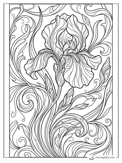Intricate art nouveau iris coloring page with curling vines, striped petals, buds, and leafy scrollwork