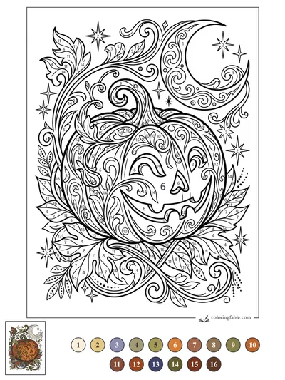 Art Nouveau Jack-o’-Lantern Under a Crescent Moon — color by number