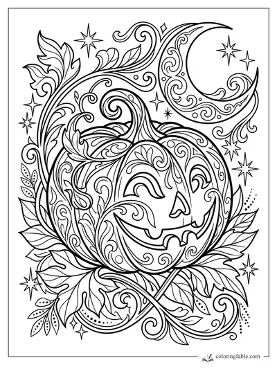 Intricate art nouveau jack-o’-lantern with swirling vines, leaves, stars, and crescent moon